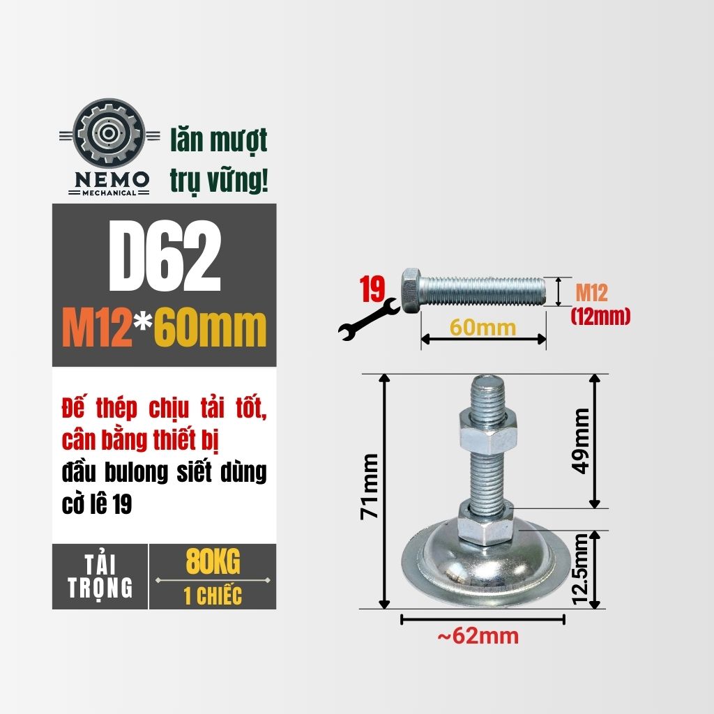 Chân Tăng Chỉnh Đế Thép Mạ Kẽm – Giải Pháp Cân Bằng Bàn Thao Tác & Băng Tải (M10, M12, M16)
